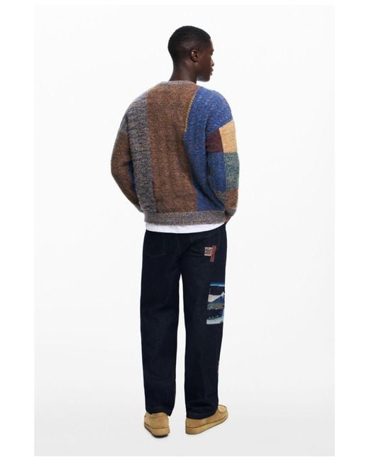 Desigual Blue Thick Patchwork Sweater for men