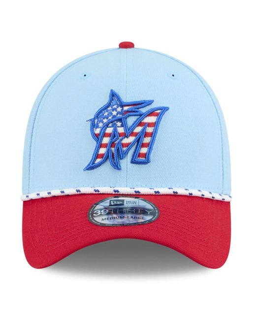 KTZ Light Blue/red Miami Marlins 2025 Fourth Of July 39thirty Flex Hat for men