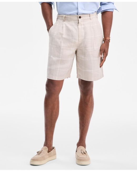 Club Room Natural Classic-fit Window Pane Linen Shorts for men