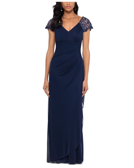 Xscape Blue Petite Lace-shoulder Gown