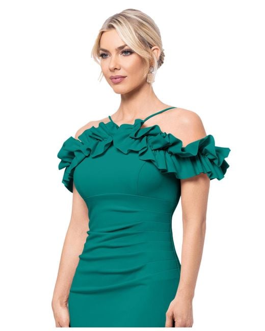 Xscape Green Ruffled Off-the-shoulder Sheath Dress
