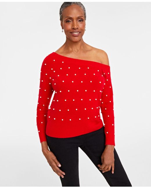 Charter Club 100% Cashmere Embellished One-shoulder Sweater, Created For  Macy's in Red | Lyst