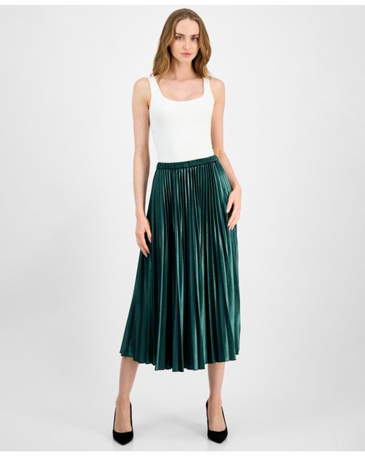 Anne Klein Green Pleated Flared Midi Skirt