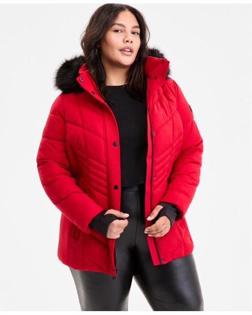 Michael Kors Women's Red Michael Plus Size Faux-fur-trim Hooded