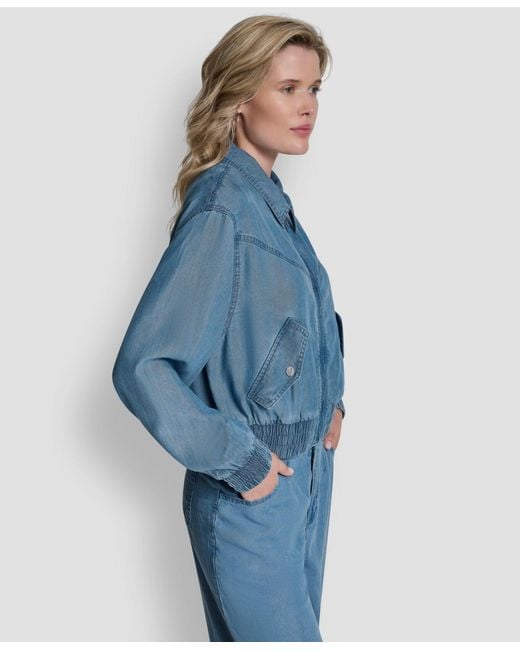 DKNY Blue Chambray Zip-front Bomber Jacket