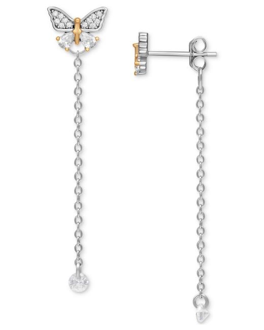 Giani Bernini White Cubic Zirconia Butterfly Chain Front & Back Earrings In Sterling Silver & Gold-plate, Created For Macy's