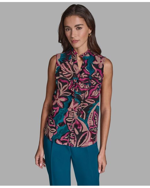 BCBGMAXAZRIA Blue Sleeveless Ruffle Front Top