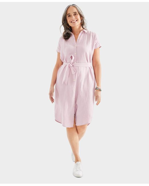 Style & Co. Pink Cotton Gauze Short-sleeve Shirt Dress