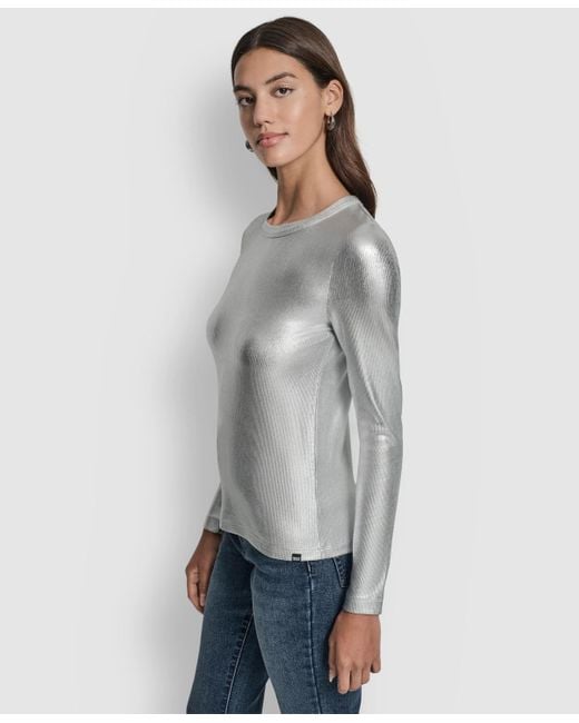 DKNY Gray Foil Rib Crewneck Long Sleeves Top