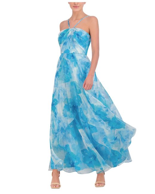 Eliza J Blue Printed Pleated Ruffled Gown