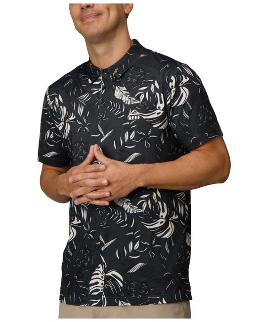 Reef Black Stillman Short Sleeve Button-placket Printed Polo Shirt for men