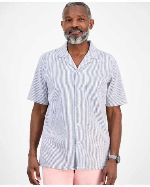 Club Room White Short Sleeve Striped Seersucker Button-front Camp Shirt for men