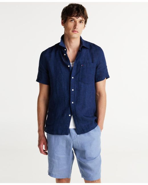 Tommy Hilfiger Blue Short-sleeve Pigment-dyed Linen Button-front Shirt for men