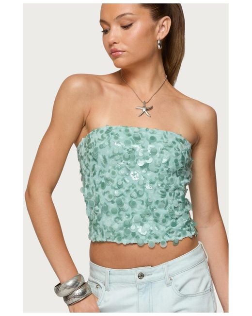 Edikted Green Brynn Sequin Strapless Top