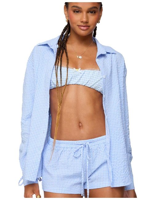 Edikted Blue Lira Oversized Gingham Button Up Shirt
