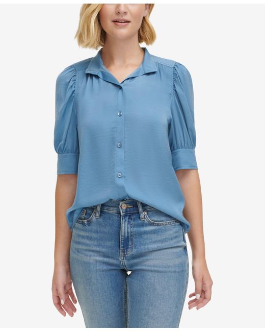 Calvin Klein Blue Stand-collar Charmeuse Puff-sleeve Shirt