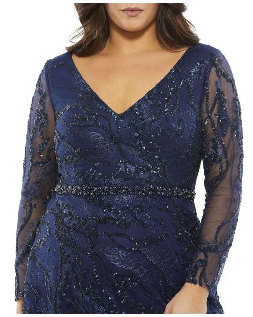 Mac Duggal Blue Plus Size Embellished Illusion Long Sleeve V-neck A-line Gown