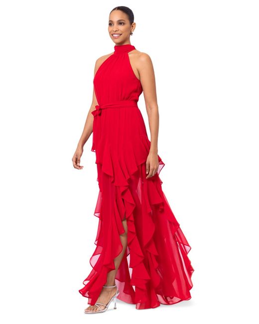 Betsy & Adam Red Ruffled Halter Gown