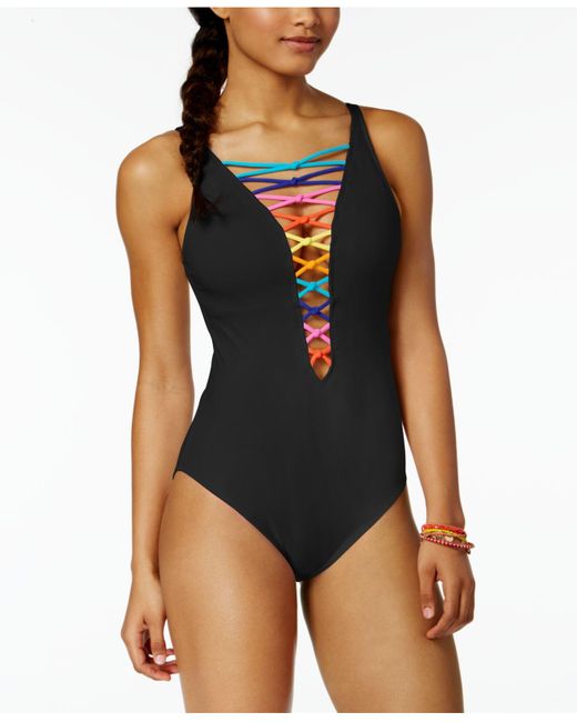 Bleu Rod Beattie Black Lattice-front Rainbow One-piece Swimsuit