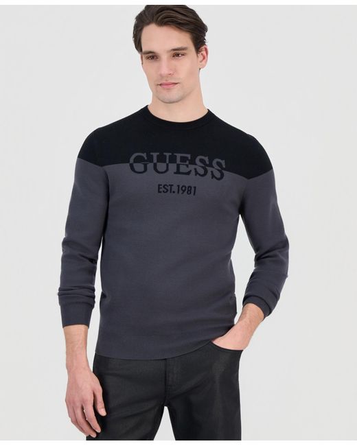 Guess Blue Kantu Two-tone Crewneck Logo Sweater for men