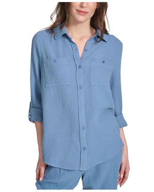 Calvin Klein Blue Double-crepe Button-down Roll-tab-sleeve Shirt