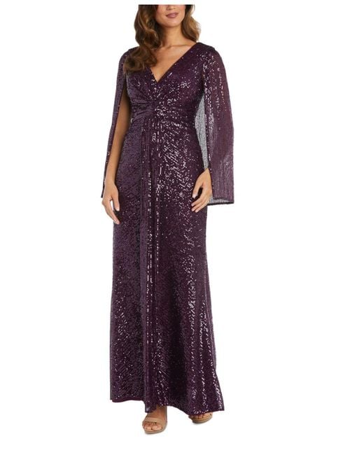 Nightway Purple V-neck Sequin Drape-front Cape Gown