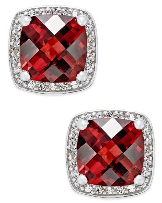 Macy's Red Rhodolite Garnet (2-1/4 Ct. T.w.) And Diamond (1/8 Ct. T.w.) Halo Stud Earrings In Sterling Silver