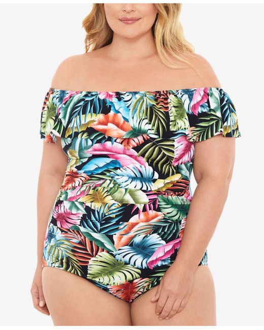 Swim Solutions Synthetic Plus Size Ruffled Offtheshoulder Tummy