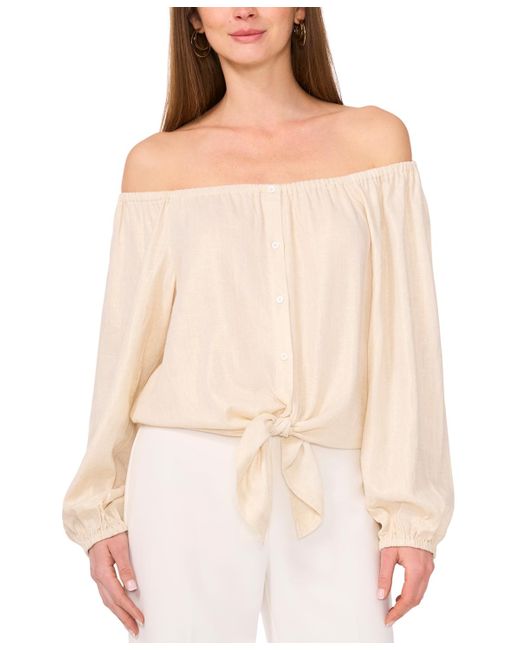 Vince Camuto Natural Off-the-shoulder Tie-hem Button-front Top