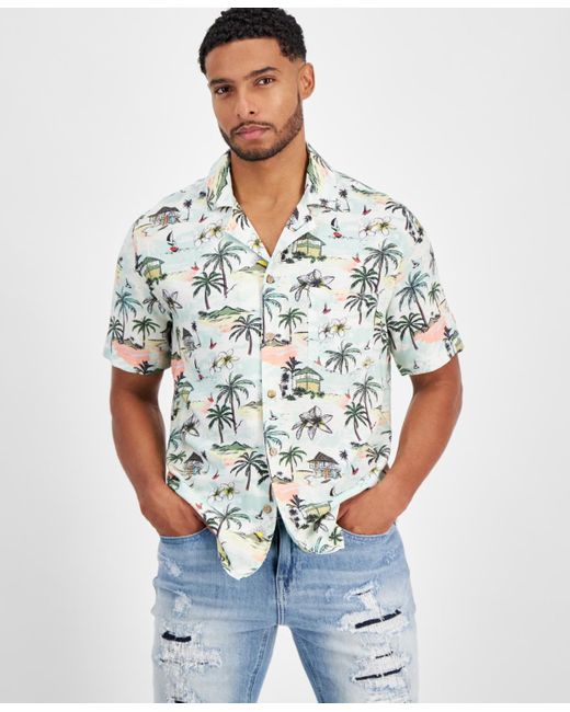 Guess Multicolor Short Sleeve Palm Print Camp Shirt for men