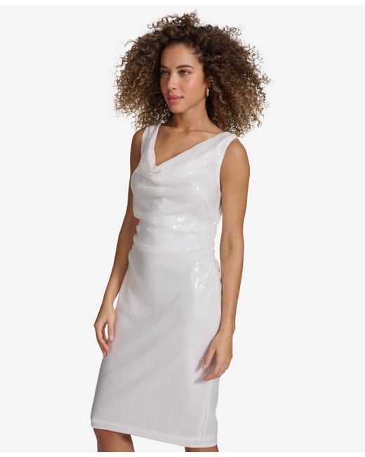 Kensie White Sequined Mesh Cowlneck Ruched Dress