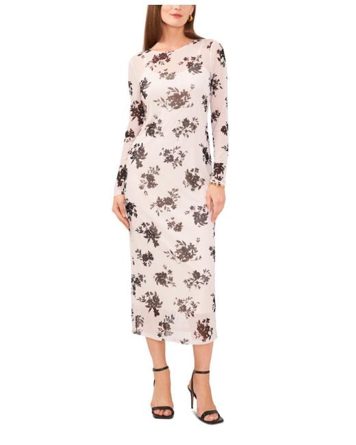 Vince Camuto White Floral Printed Long Sleeve Midi Dress
