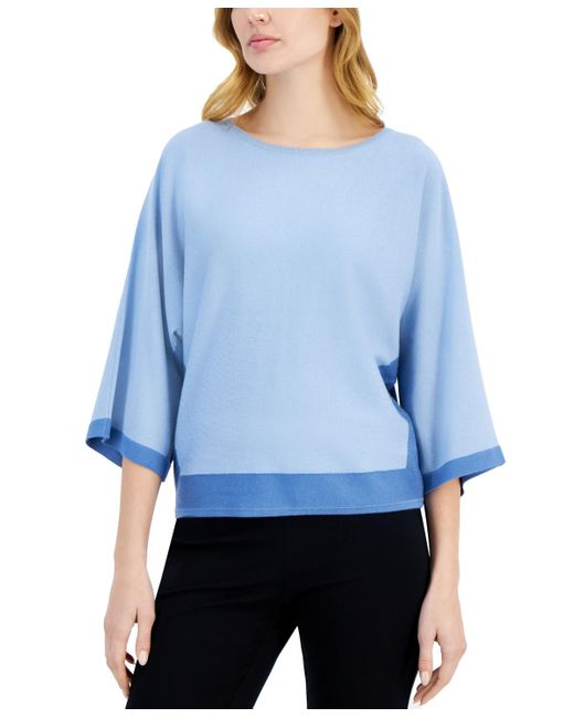 Tahari Blue 3/4-dolman-sleeve Contrast-trim Crewneck Sweater