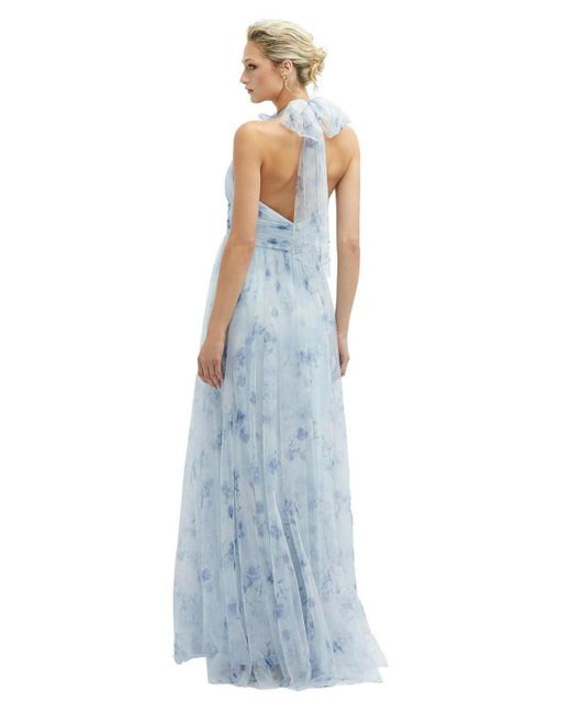 Dessy Collection Blue Floral Tie-back Halter Tulle Dress