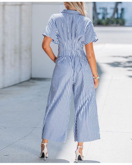 CUPSHE Blue Striped Button-up Jumpsuit