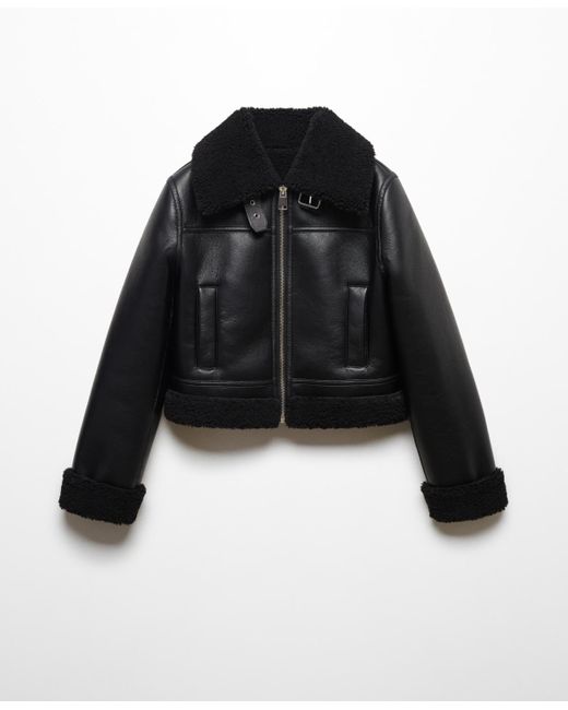 Mango Faux Shearling-lined Biker Jacket in Black | Lyst