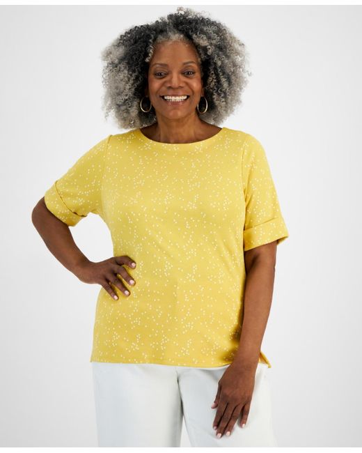 Style & Co. Yellow Plus Size Printed Elbow-sleeve Top