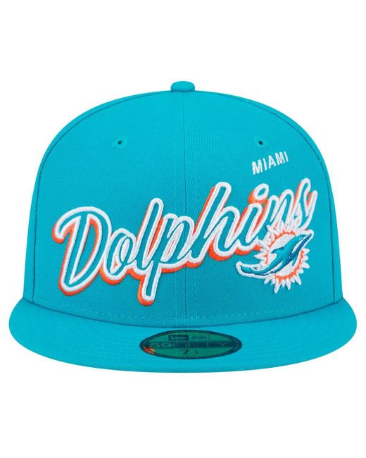 KTZ Blue Miami Dolphins Script Sided 59fifty Fitted Hat for men