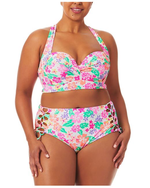 California Waves Red Trendy Plus Size Hawaii Sunsets Printed Bikini Top & Hawaii Sunsets Printed Bikini Bottoms, Created For Macy's