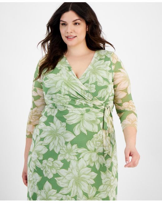 Anne Klein Green Plus Size Floral-print Midi Wrap Dress
