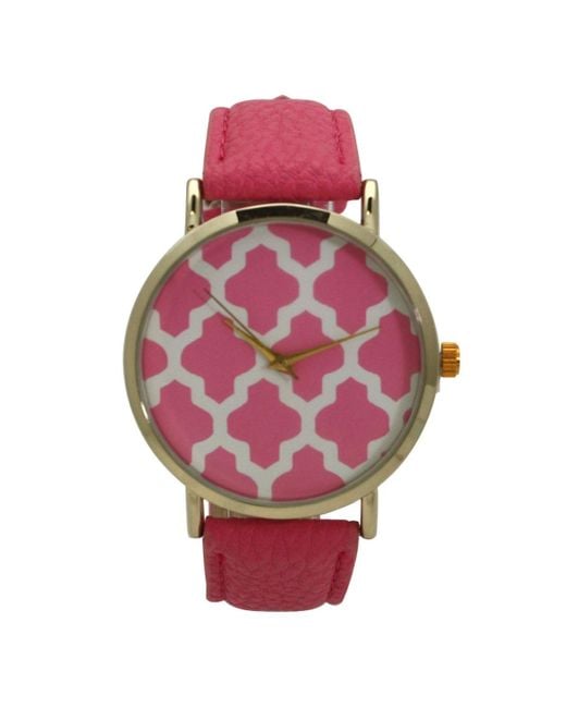 Olivia Pratt Red Geometric Pattern Leather Strap Watch