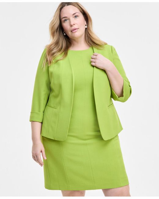 Kasper Green Plus Size Cuffed Open-front Multi-seam Blazer