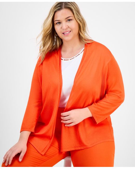 Kasper Orange Plus Size 3/4-sleeve Open-front Cardigan