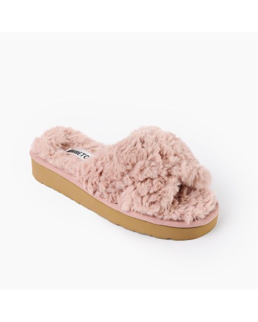 Minnetonka Women's Pink Teddy Crossband Faux Fur Slippers