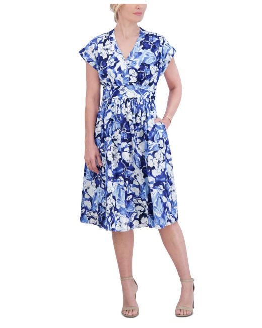 Jessica Howard Blue Petite Cotton Poplin Floral Fit & Flare Dress
