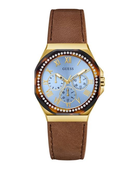 Guess Blue Brown Leather Multi-function Watch
