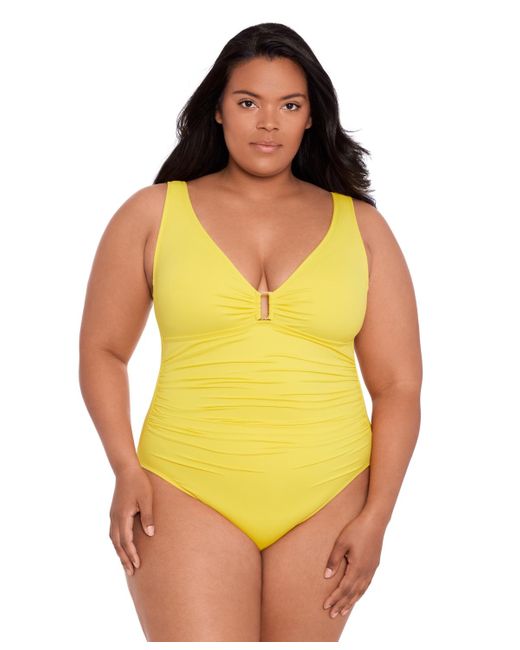 Lauren by Ralph Lauren Yellow Plus Size Ruched One-piece Swimsuit