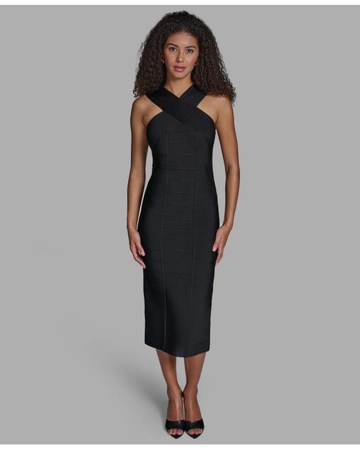 bcbgmaxazria black dress BCBGMAXAZRIA Black Lace-Trim Midi Dress main image 0