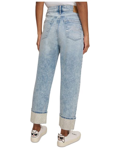 Karl Lagerfeld Blue High-rise Crystal-cuff Jeans