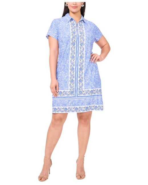 Msk Blue Plus Size Printed Collared Short-sleeve Shift Dress
